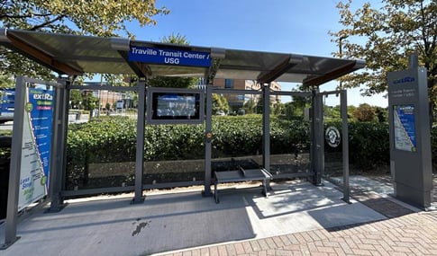 One of the new bus transit centers with shelter and bench.