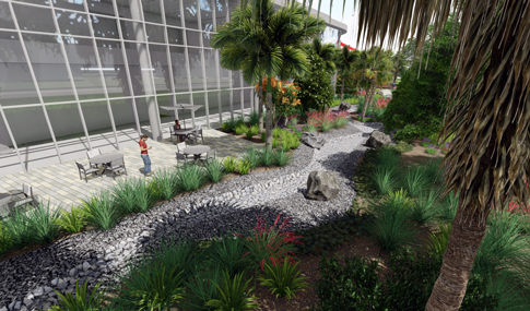 A color rendering of a dry stone creek bed feature lining the exterior dining area of a modern hospital