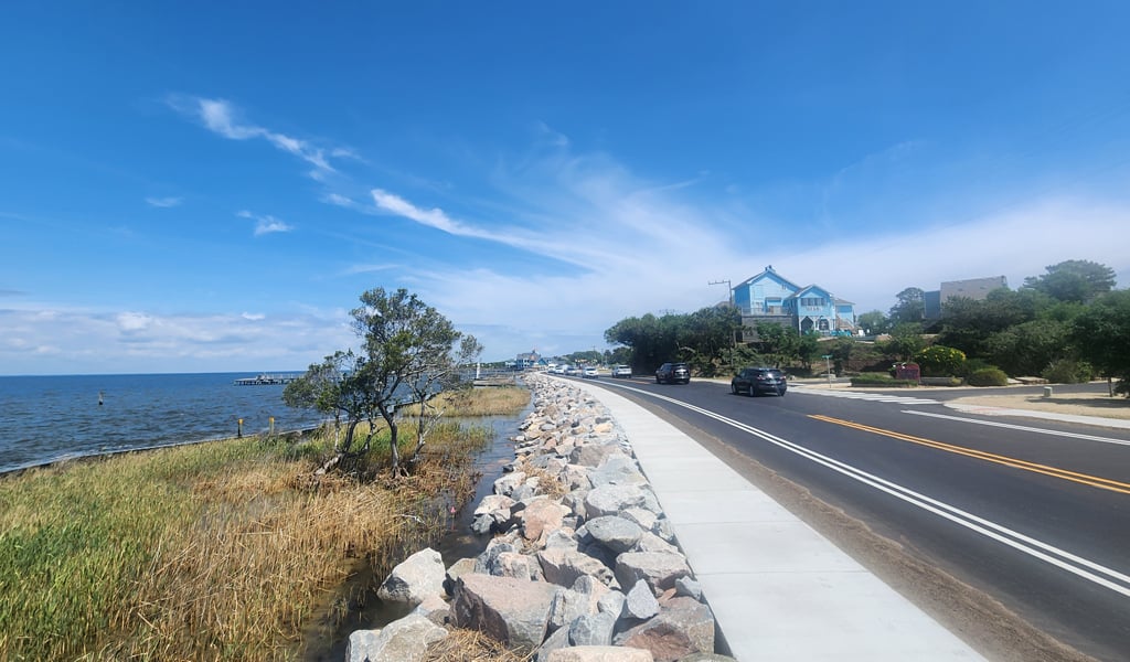 New vegetation, rock revetment, and elevated roadway were all part of the Town of Duck’s living shoreline and resiliency project.