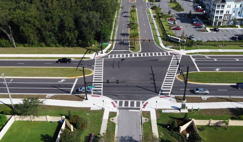 An aerial view of Simpson Road showing new pedestrian crossings.