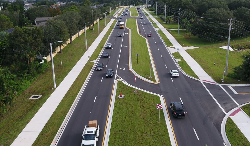 An aerial view of Boggy Creek Road showing new pedestrian crossings and road enhancements.