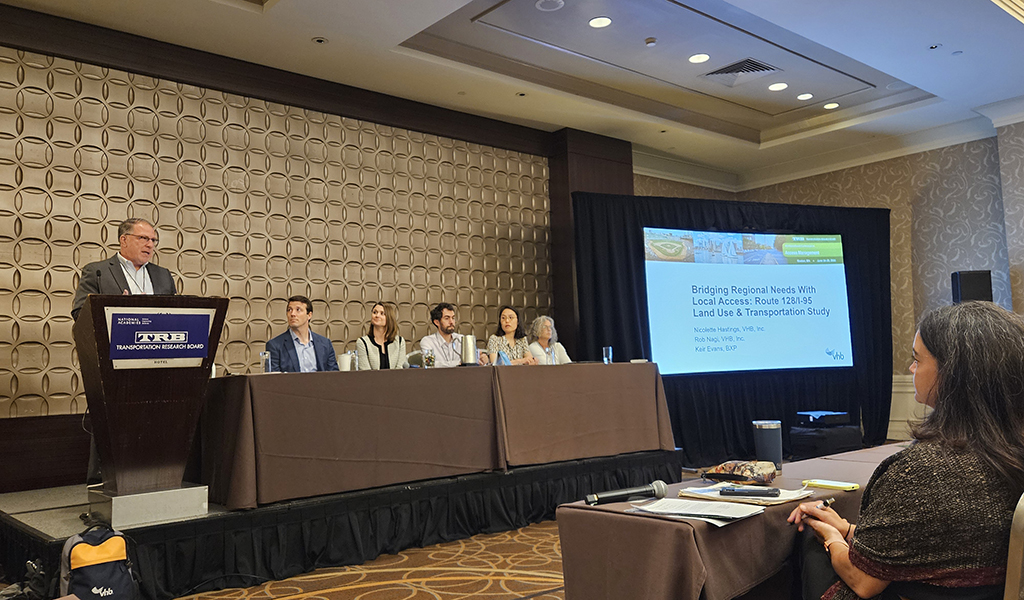 Six VHB and MassDOT team members sit on a panel at the TRB Access Management conference. The title of their presentation is: Bridging Regional Needs with Local Access: Route 128/I-95 Land Use and Transportation Study.