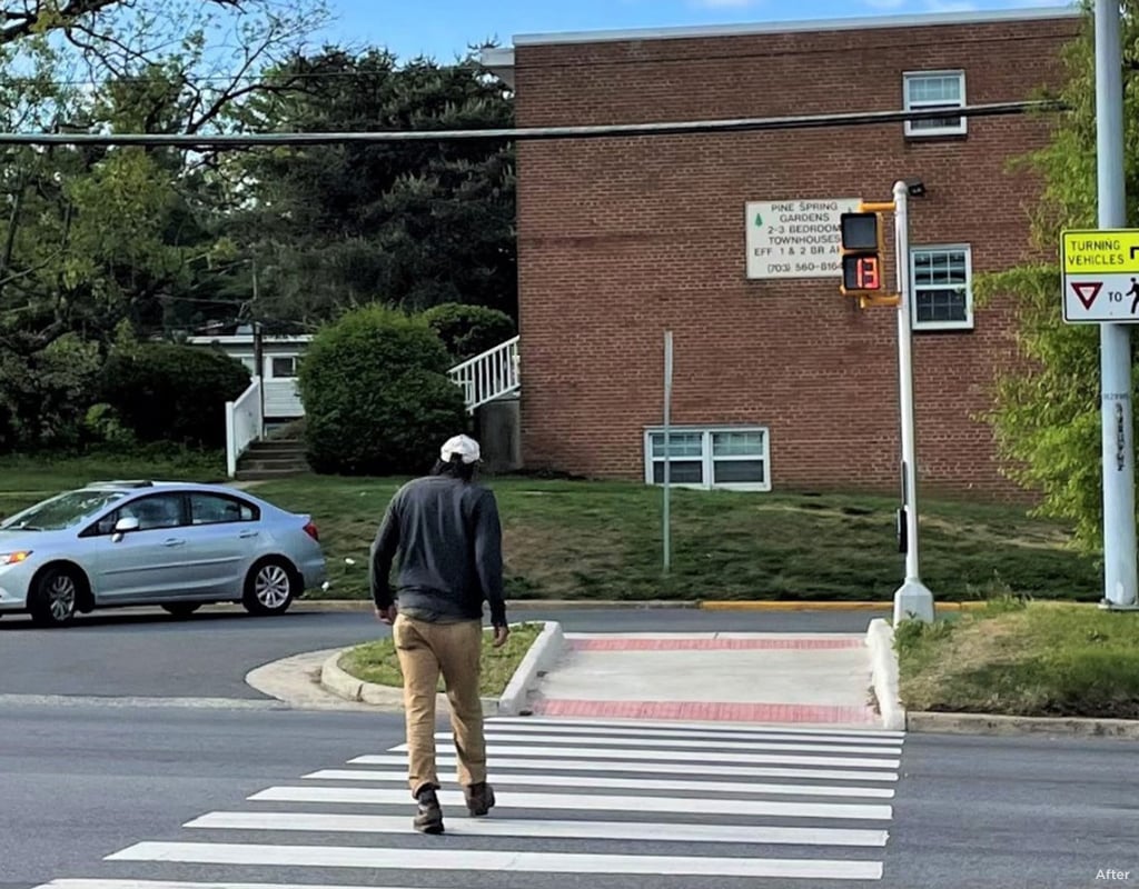 An after image shows the new crosswalk and pedestrian refuge.