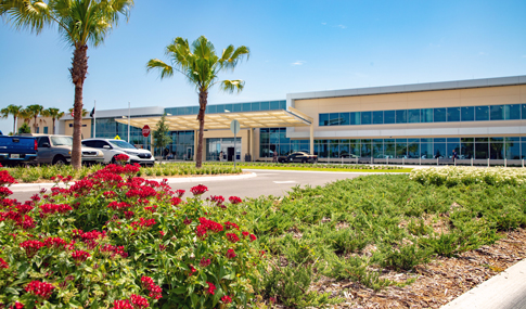 Entrance to a healthcare clinic with red flowers and palm trees.