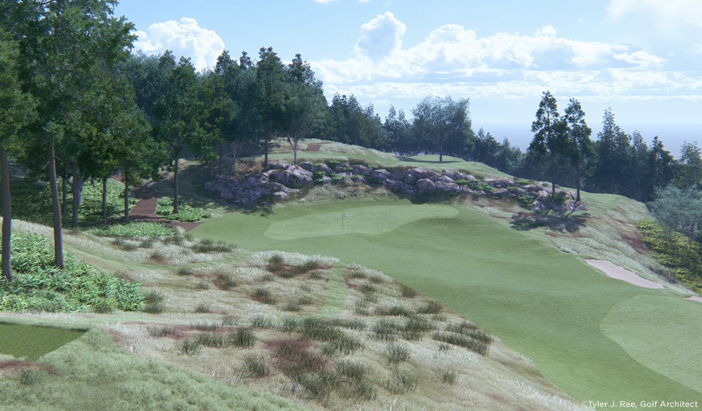 A rendering of a golf course on a hill.