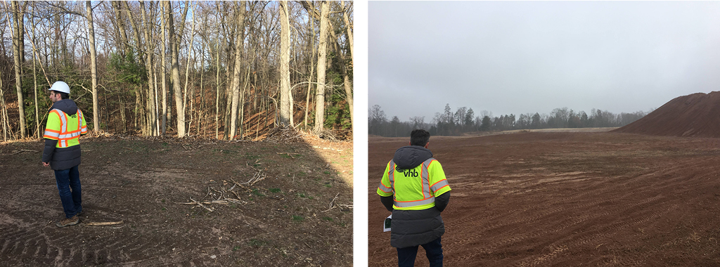 collage of man in construction gear standing near trees and Man in construction gear standing in clearing.
