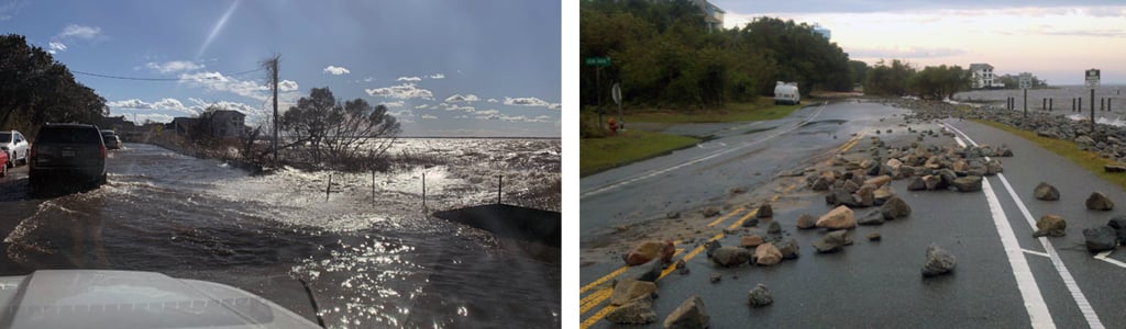 Collage of Cars driving through a flooded section of NC-12 before construction & arge rocks litter NC-12 post Hurricane Irene in 2011 making it impossible to drive on. 