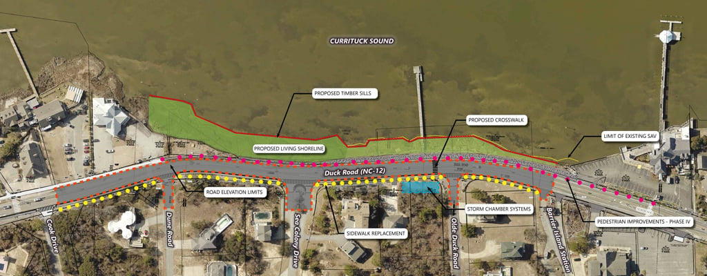 A rendering in plan view that shows the project elements to resiliency from the elevated roadway, sidewalks, and living shoreline. 