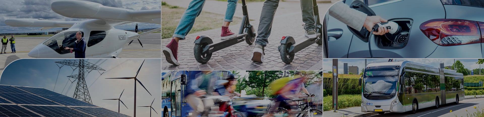 Multiple electric vehicle modes, including cars, buses, e-bikes, e-scooters, and advanced air mobility.  