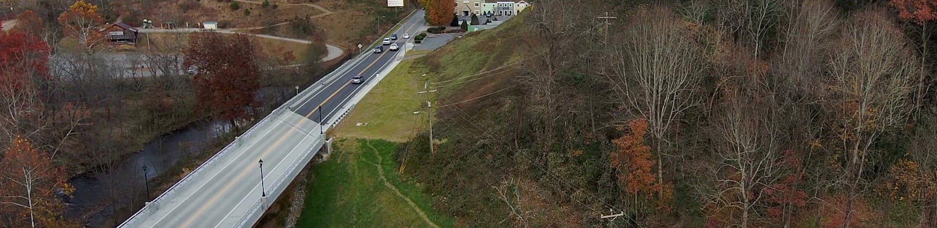 An aerial view of the completed Dillsboro Bridge replacement.