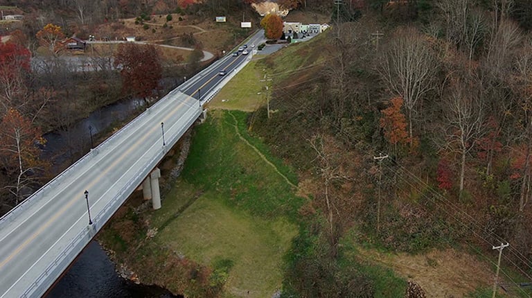 An aerial view of the completed Dillsboro Bridge replacement.