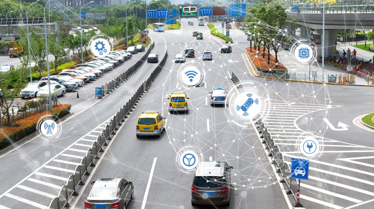 Smart car , Autonomous self-driving mode vehicle on metro city road iot concept with graphic sensor radar signal system and internet sensor connect.