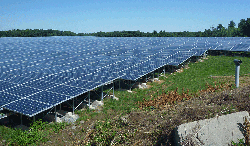 A solar array in an open field. 