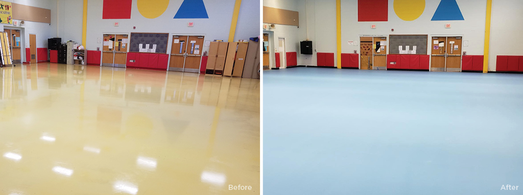 Before and After case study image showing a beige floor and a blue floor.