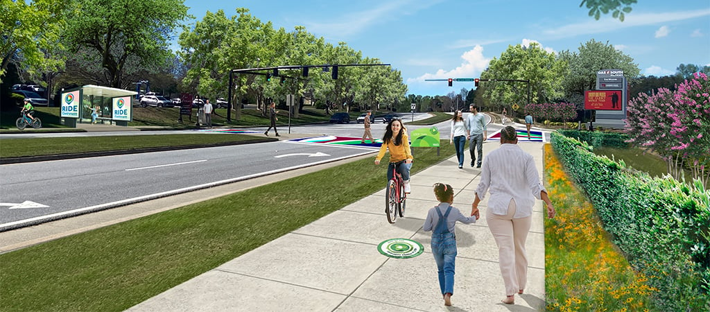 A rendering of people walking and riding bikes on a path.