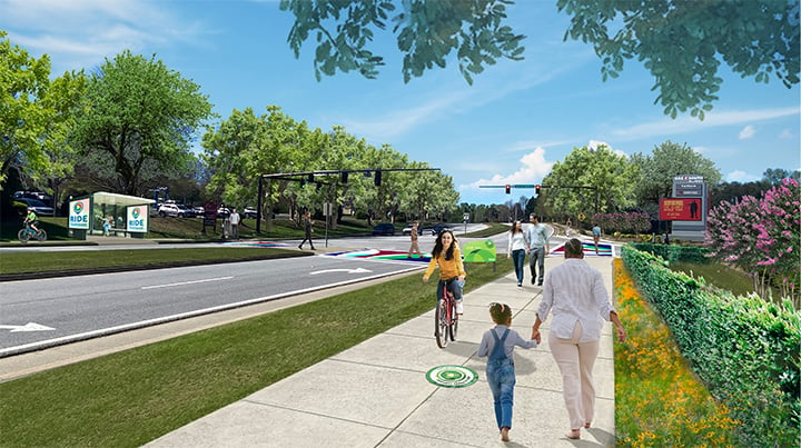 A rendering of people walking and riding bikes on a path.